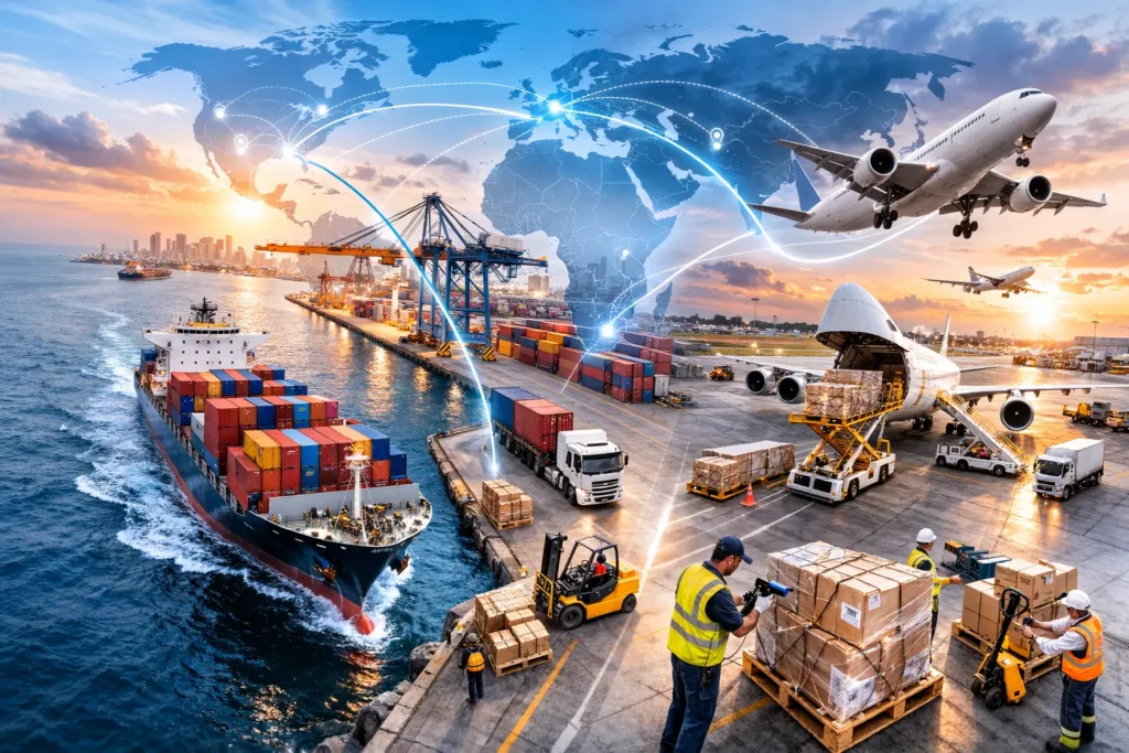 Imagen realista de logística que representa coordinación de carga por aire y por mar, con contenedores en puerto y transporte aéreo.